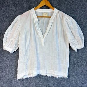 9Seed Biarritz top SP light cotton gauze split neck puff sleeve frayed hem sheer